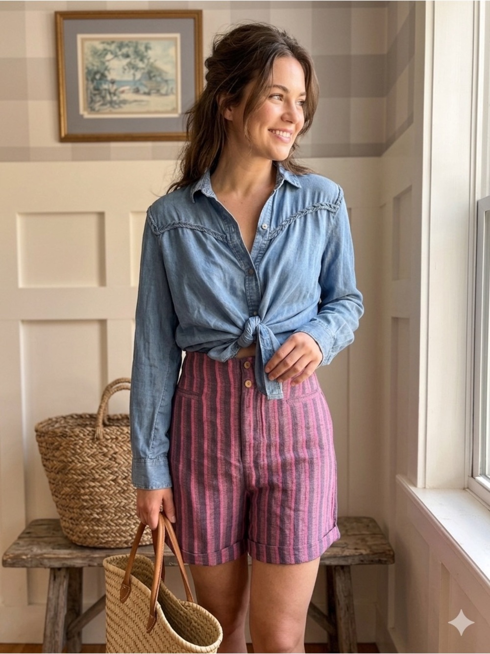 Soft Surroundings High-Waist Pink & Gray Striped Shorts‎ Size XL